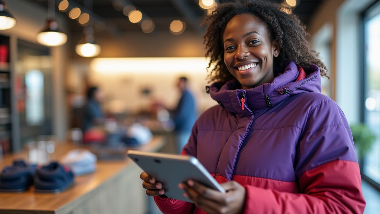 Friendly Dune Hearth staff member assisting a customer with winter jackets