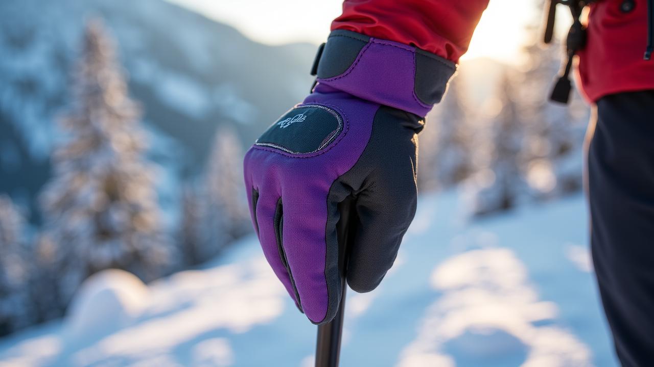 Close-up of a high-performance mountaineering glove gripping a trekking pole on a snowy Flagstaff trail