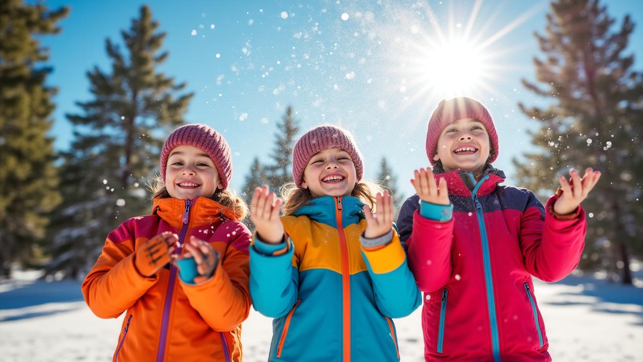 Children laughing and playing in deep snow wearing vibrant winter gear