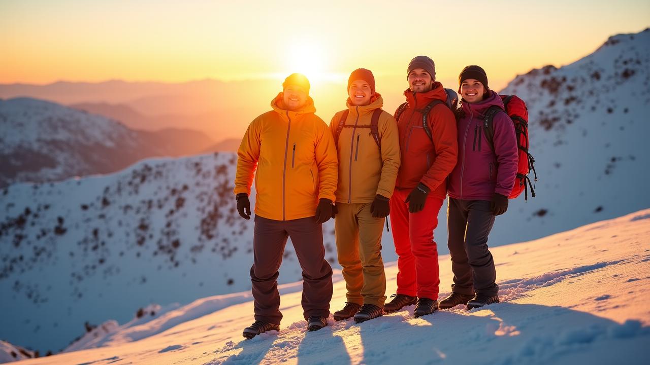 Diverse group of hikers in high-performance winter gear in a snowy Arizona mountain landscape