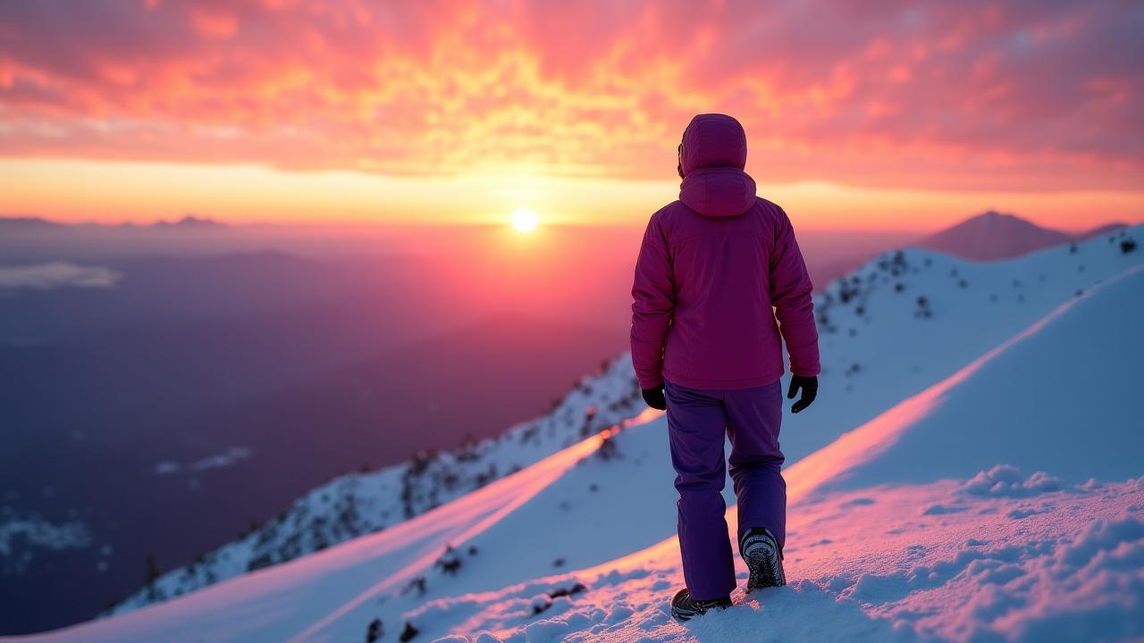 Adventurer in extreme winter gear against a snow-capped mountain backdrop