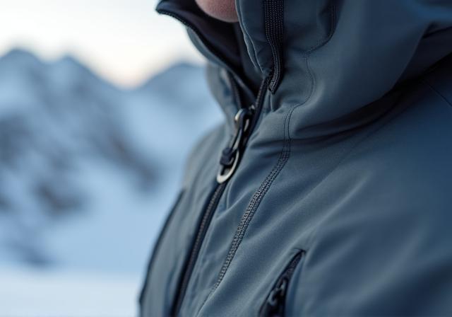 High-end winter jacket detailing with technical fabric textures